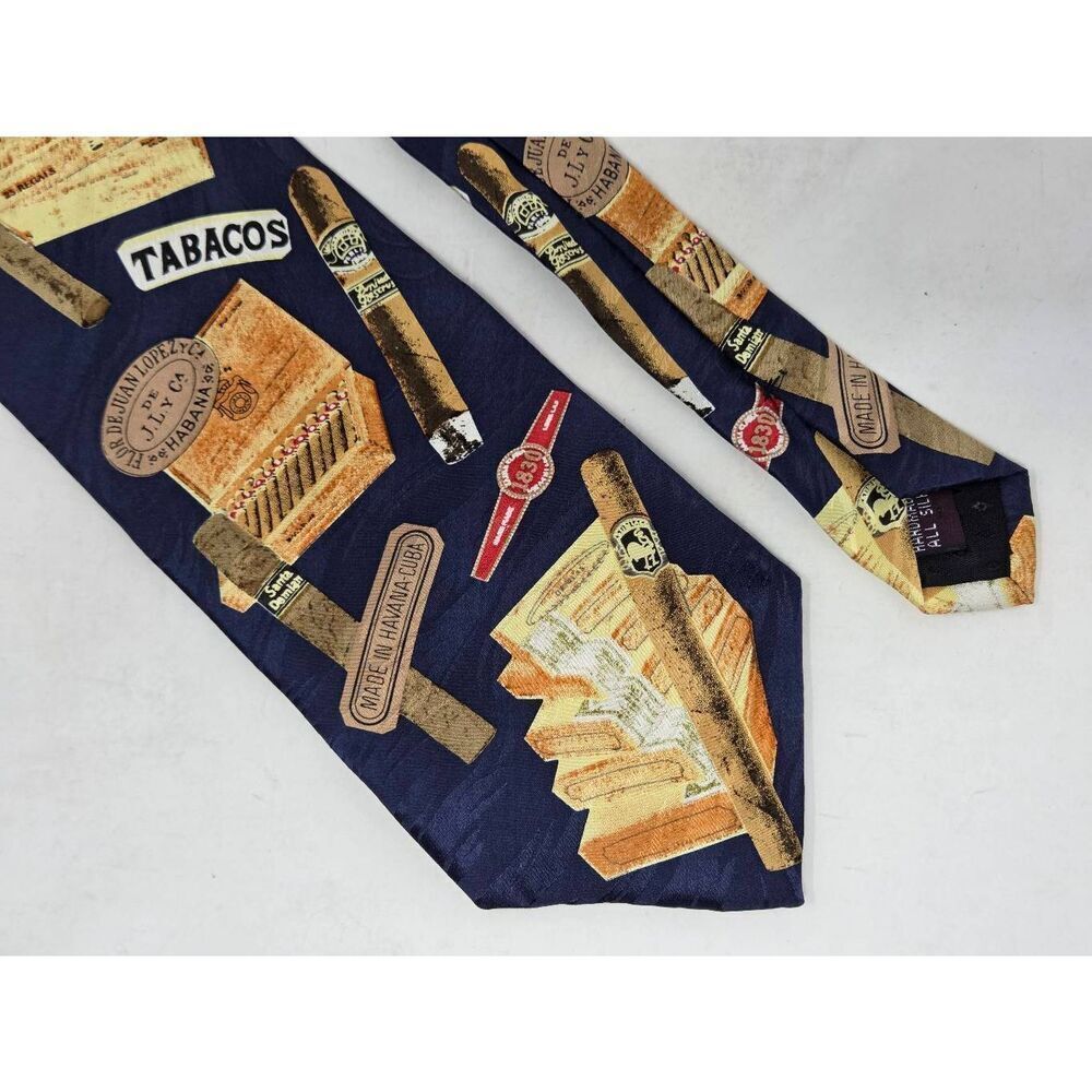 CROMLEY & FINCH SILK TIE BLUE CIGAR THEME TABACO HAVANA SUAVE SATIN 4" X 58"